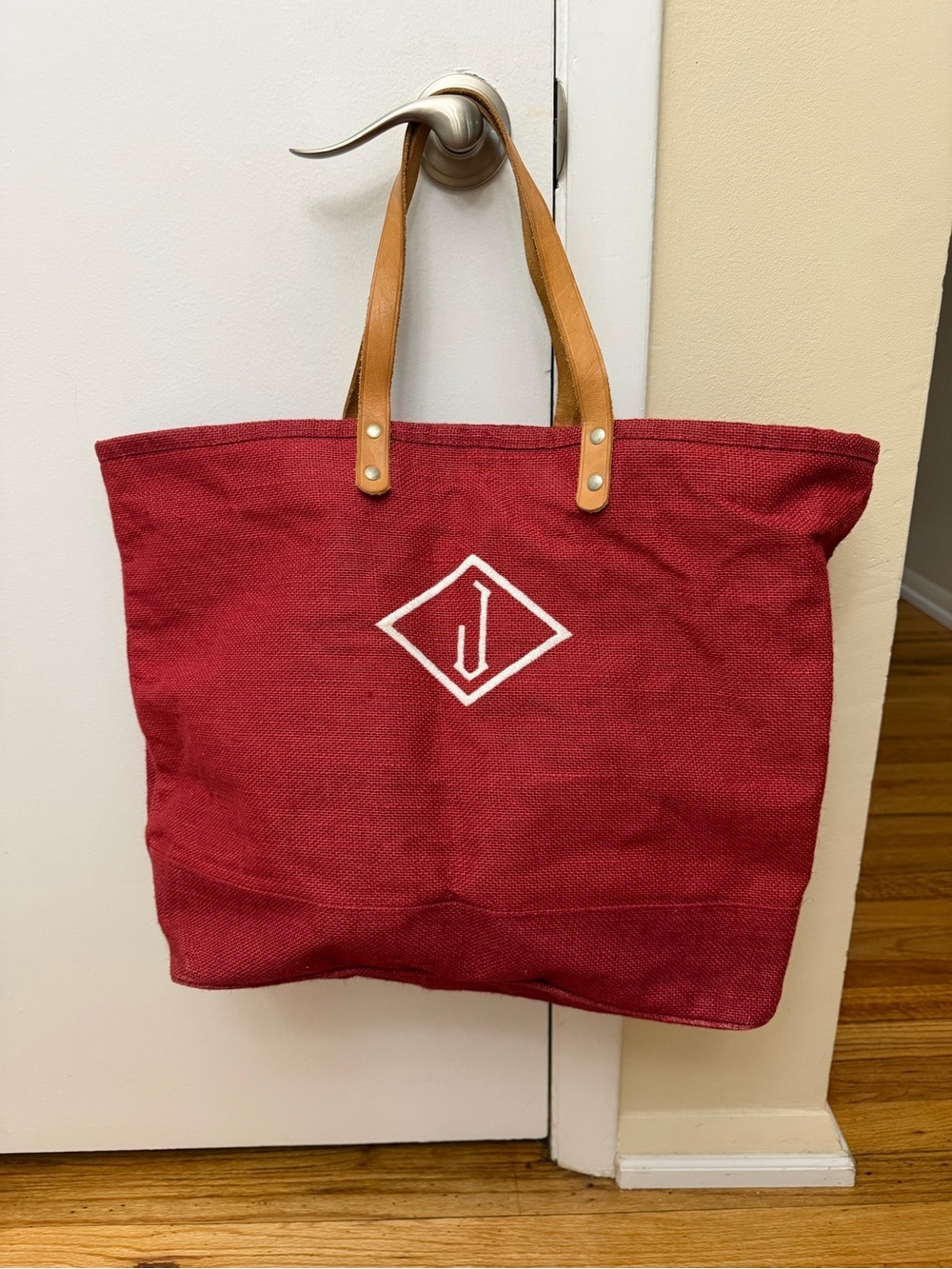 Large Red Jute “J” Tote Bag